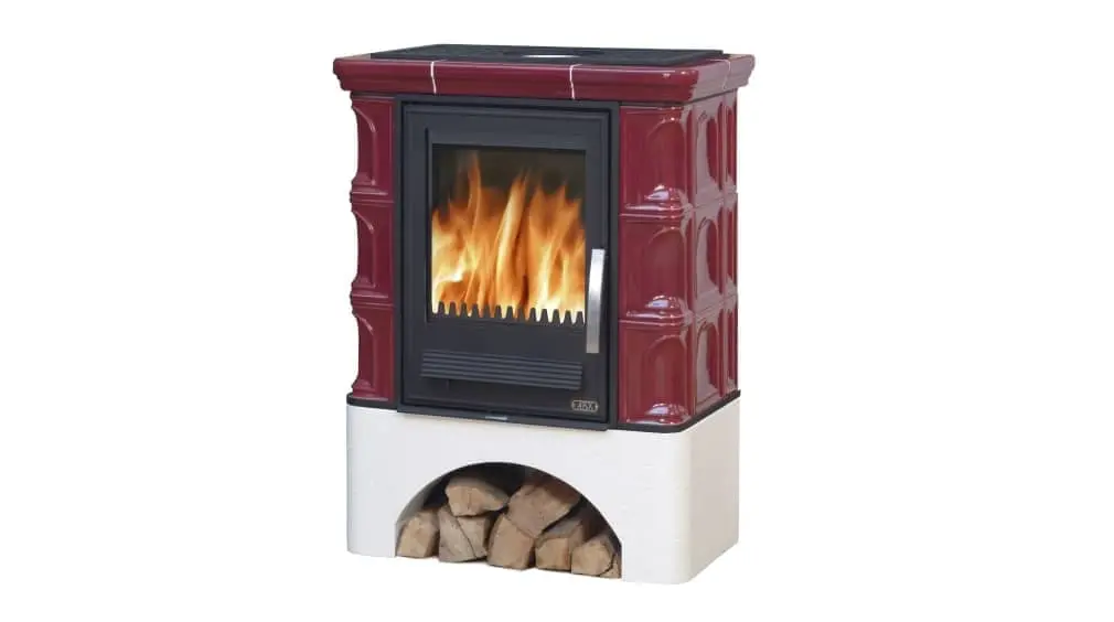 Kaminofen ABX Iberia - Kachel bordeauxrot; Sockel weiß