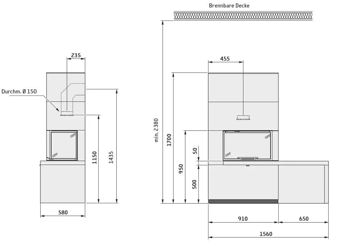 Kaminbausatz Contura i41 mit Sims und Bank - Maßskizze
