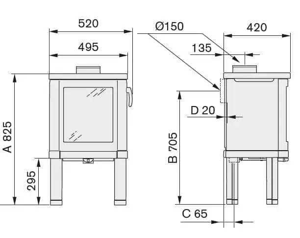 Kaminofen Contura 52T - Maßskizze