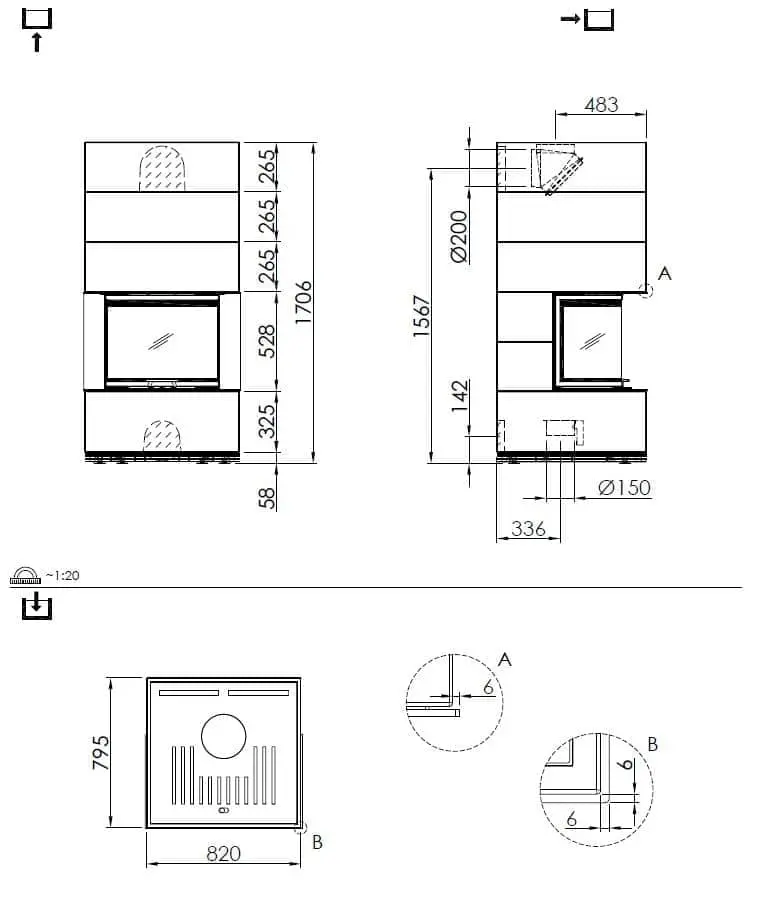 Kaminbausatz Spartherm SIM 1/3 Arte 3RL-60h - Maßskizze