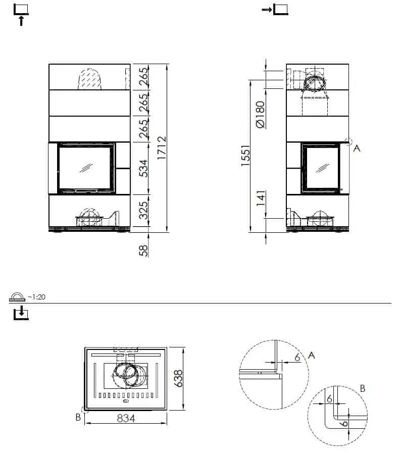 Kaminbausatz Spartherm SIM 1/3 Varia 2L-55h - Maßskizze