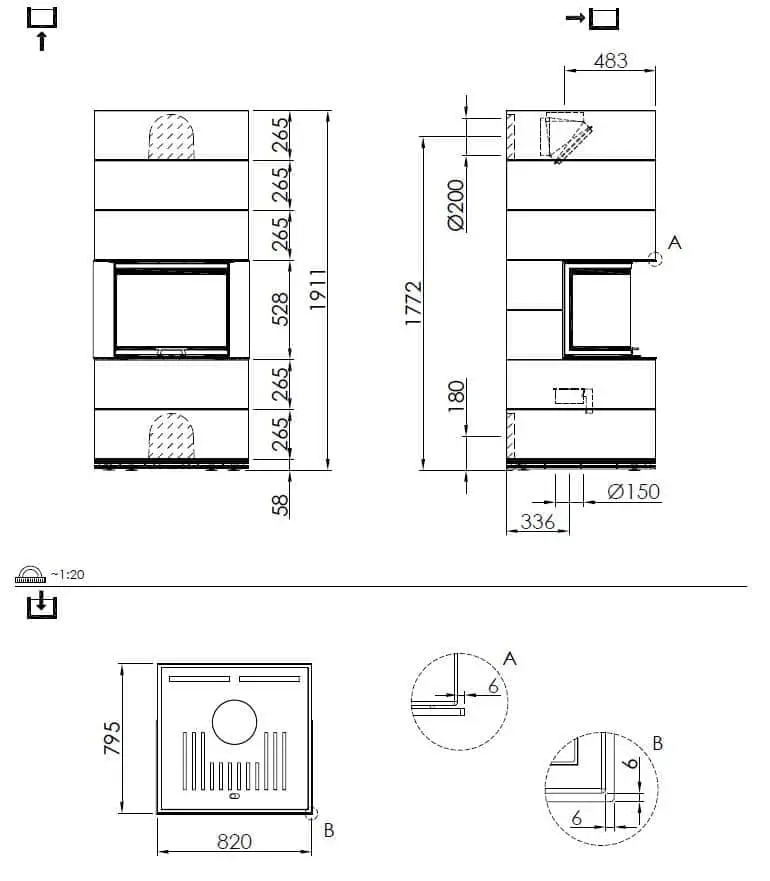 Kaminbausatz Spartherm SIM 2/3 Arte 3RL-60h - Maßskizze