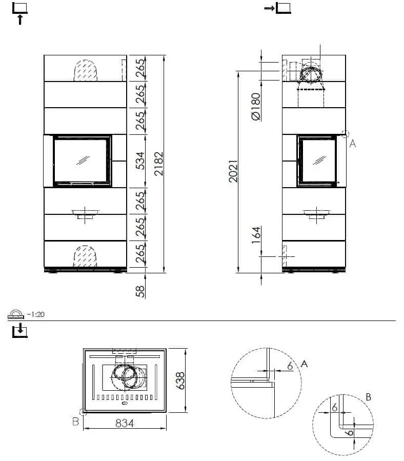 Kaminbausatz Spartherm SIM 3/3 Varia 2L-55h - Maßskizze