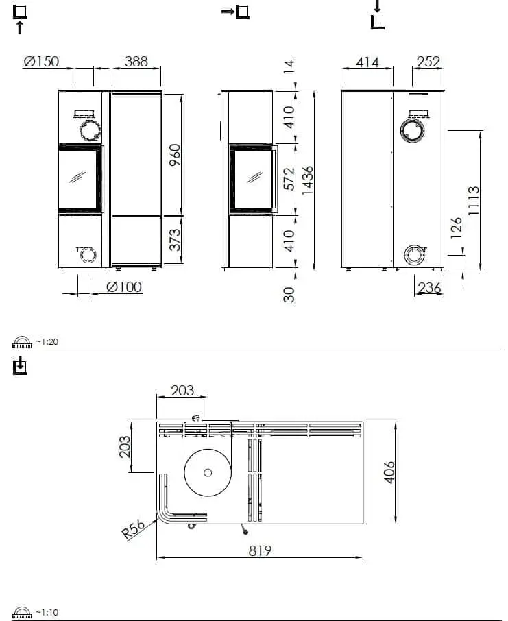 Kaminofen Spartherm Cubo L mit Holzfach breit - Maßskizze