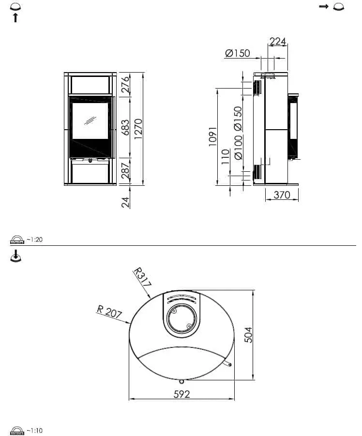 Kaminofen Spartherm Sino City RLU - Maßskizze