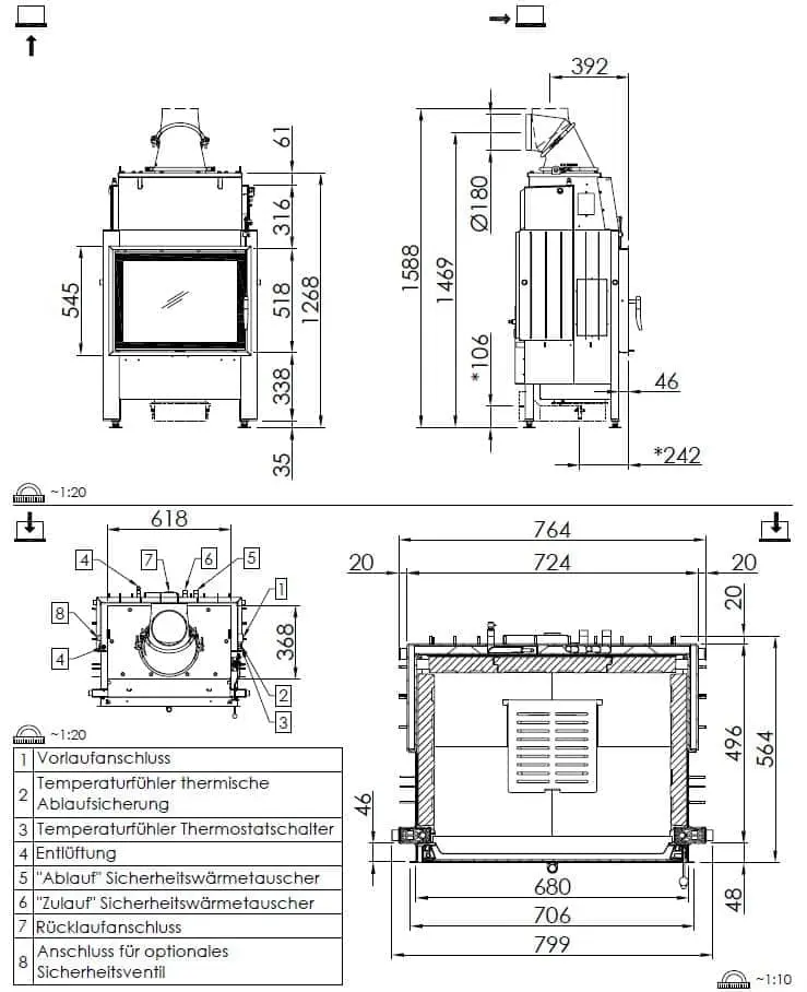 Kamineinsatz Spartherm Varia 1V H2O - Maßskizze