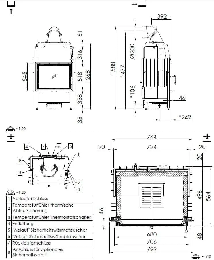 Kamineinsatz Spartherm Varia 1V H2O XL - Maßskizze